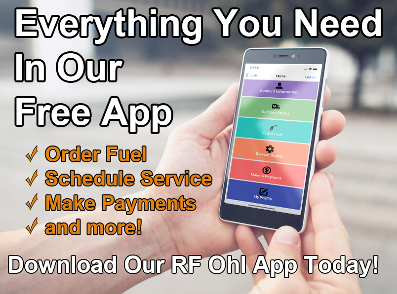 R.F. Ohl mobile app displayed on a smartphone showing fuel delivery account management features